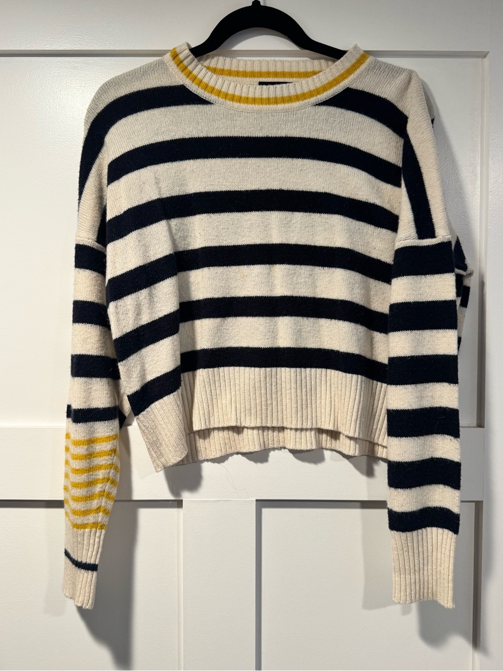 Topshop Striped Crewneck Sweater in Cream and Navy with Yellow Accent